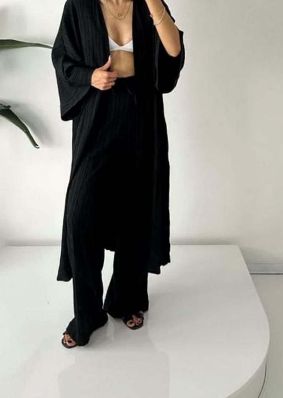Women's Pleated Kimono Wide-Leg Trousers Two-Piece Set - Black