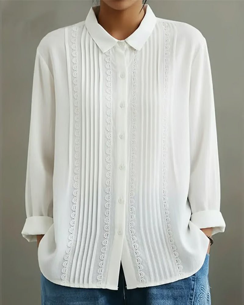 Women's Pleated Lace-Trim Long-Sleeve Button-Up Blouse - White