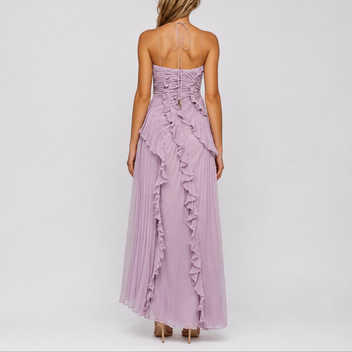 Women's Pleated Ruffle Halter Asymmetric Maxi Dress