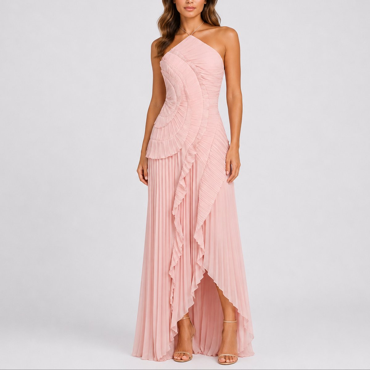 Women's Pleated Ruffle Halter Asymmetric Maxi Dress - Pink