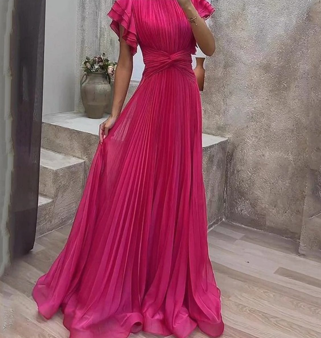 Women's Pleated Ruffle-Sleeve Formal Maxi Evening Gown - Pink