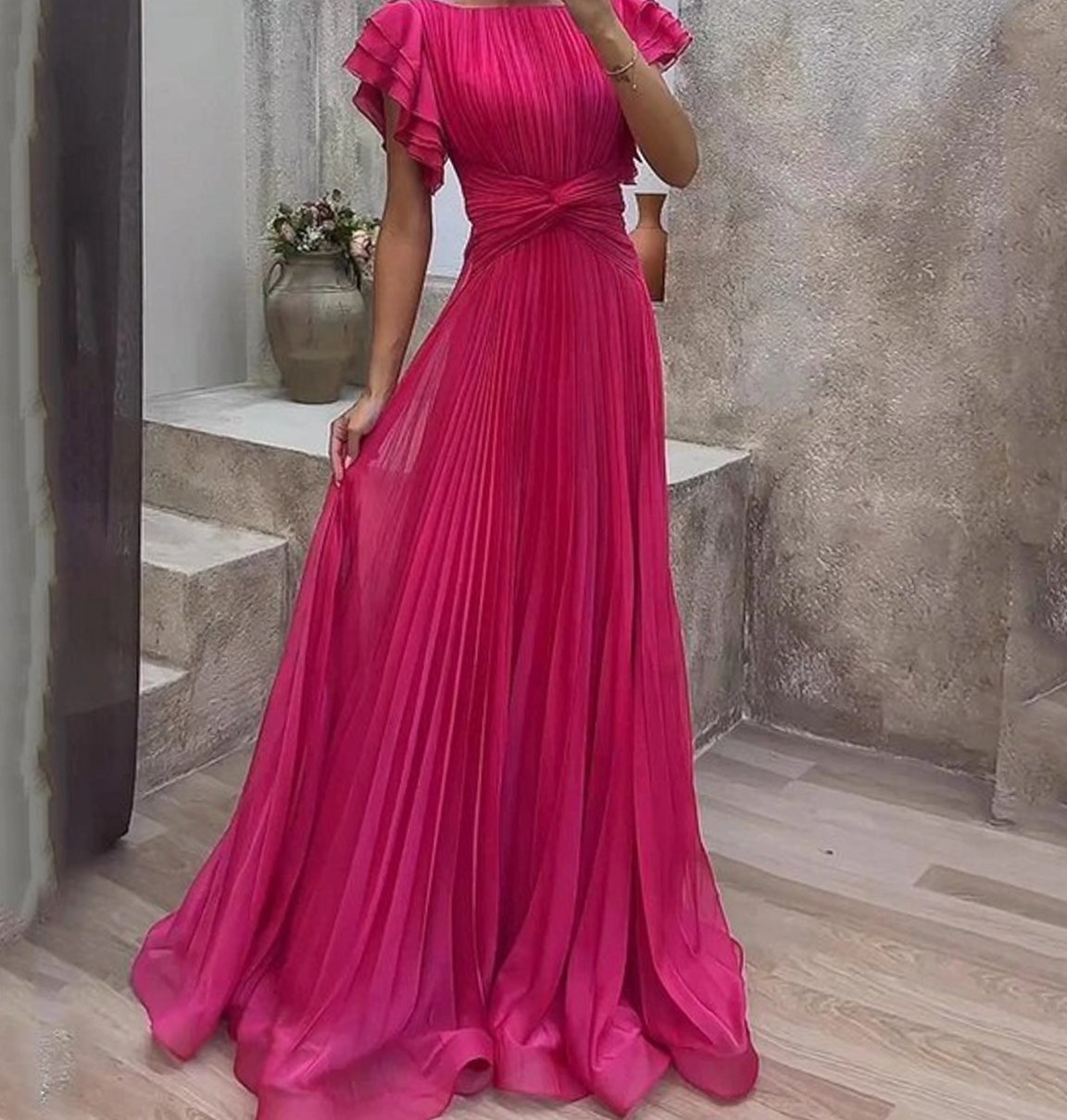 Women's Pleated Ruffle-Sleeve Formal Maxi Evening Gown
