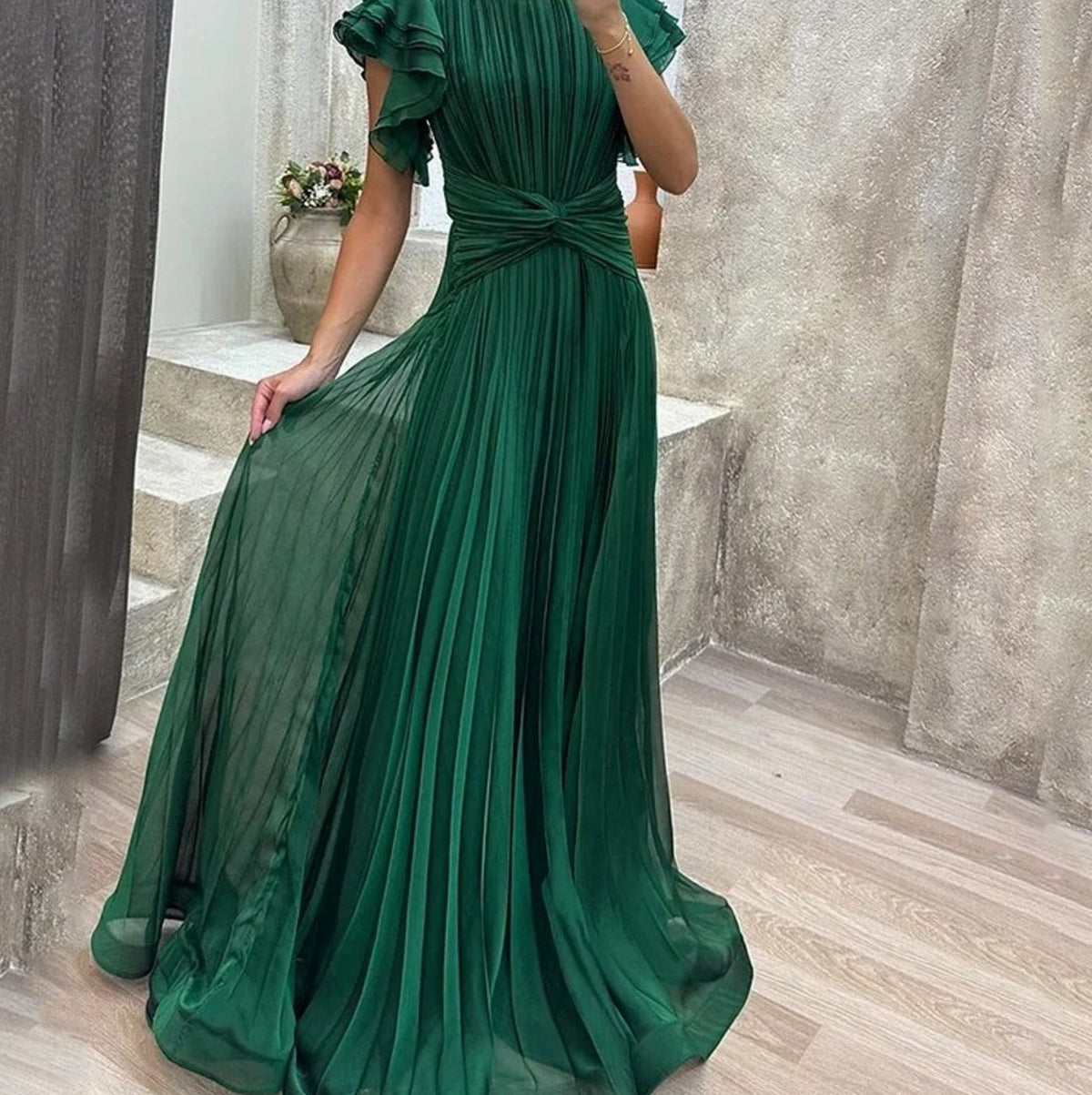 Women's Pleated Ruffle-Sleeve Formal Maxi Evening Gown - Green