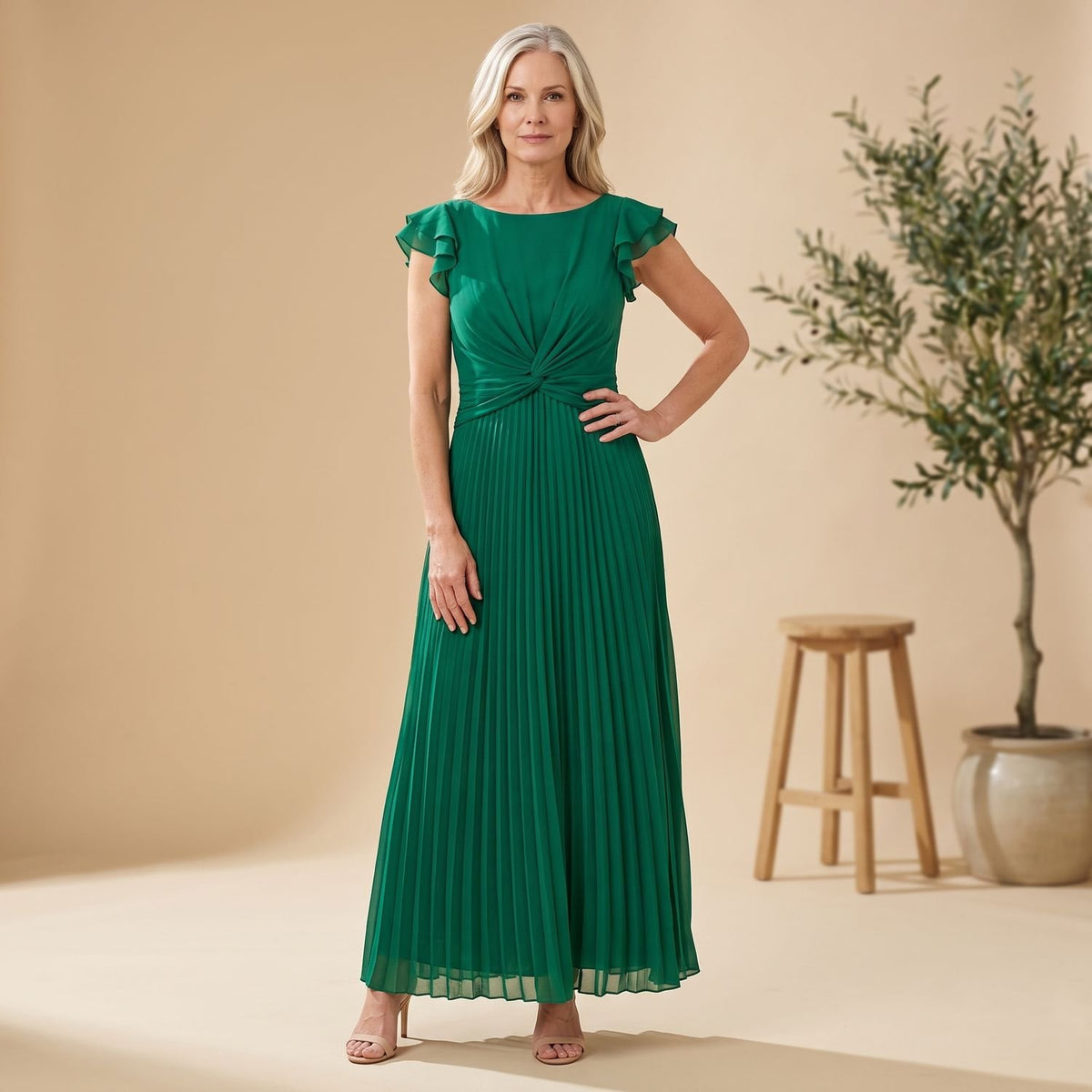 Women's Pleated Ruffle-Sleeve Maxi Evening Gown - Green