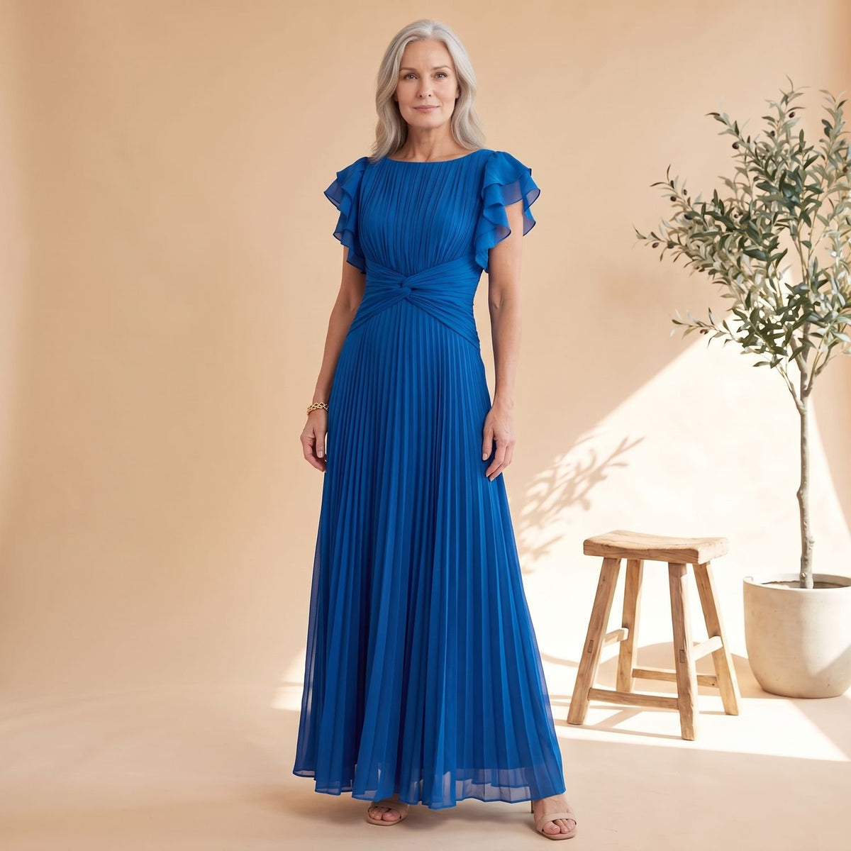 Women's Pleated Ruffle-Sleeve Maxi Evening Gown - Blue