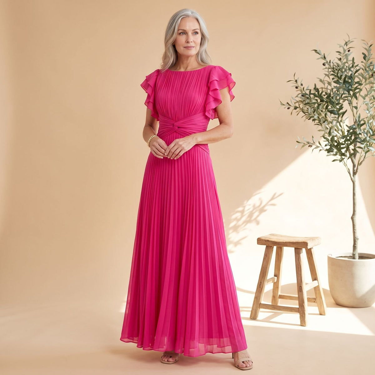 Women's Pleated Ruffle-Sleeve Maxi Evening Gown - Pink