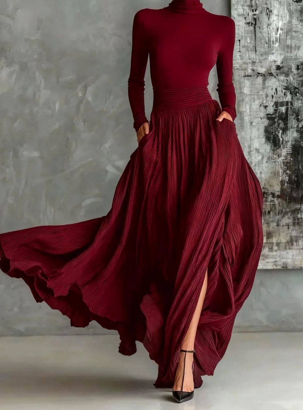 Women's Pleated Turtleneck Skirt Set Long-Sleeve Cotton-Blend - Red