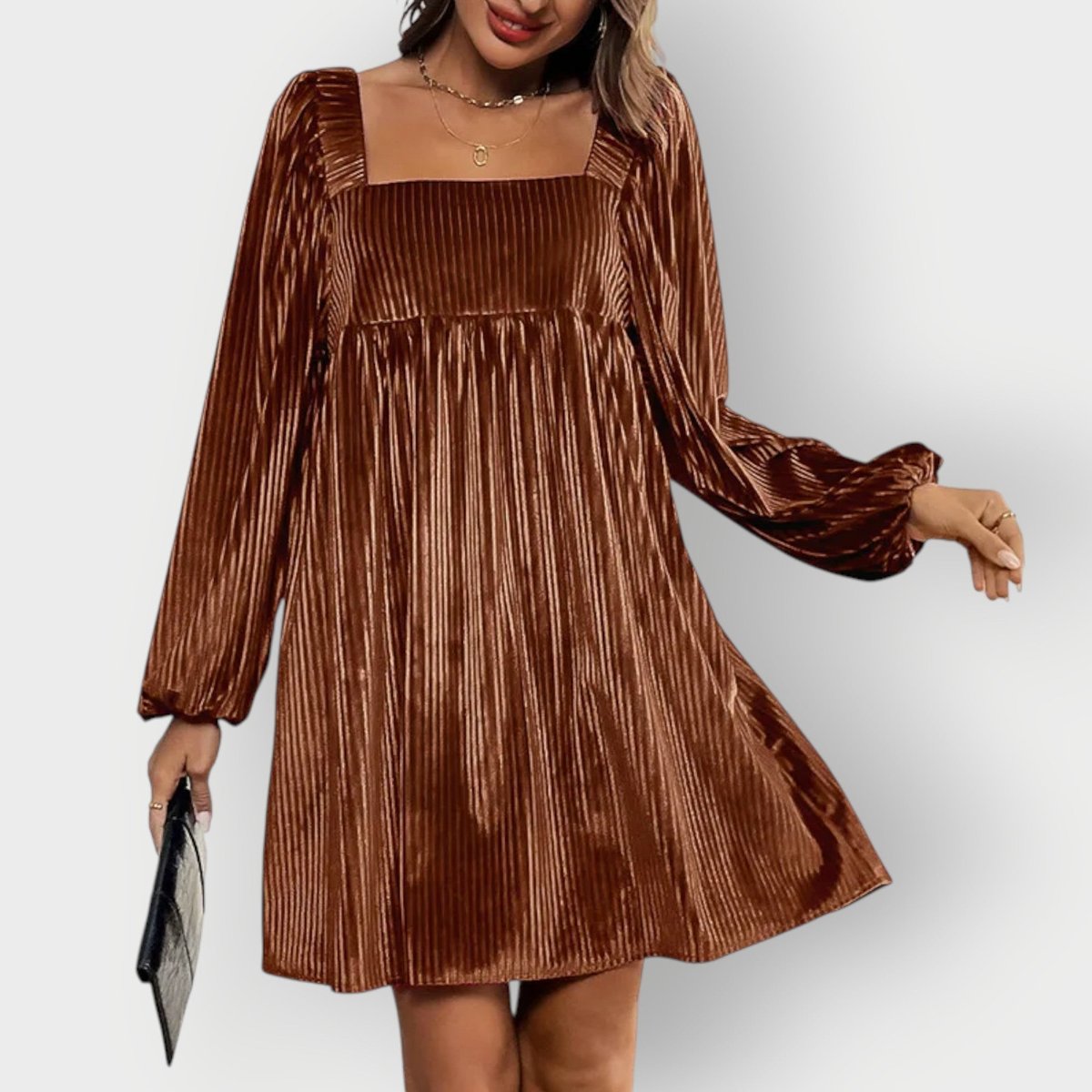 Women's Pleated Velvet Square-Neck Babydoll Formal Dress - Brown