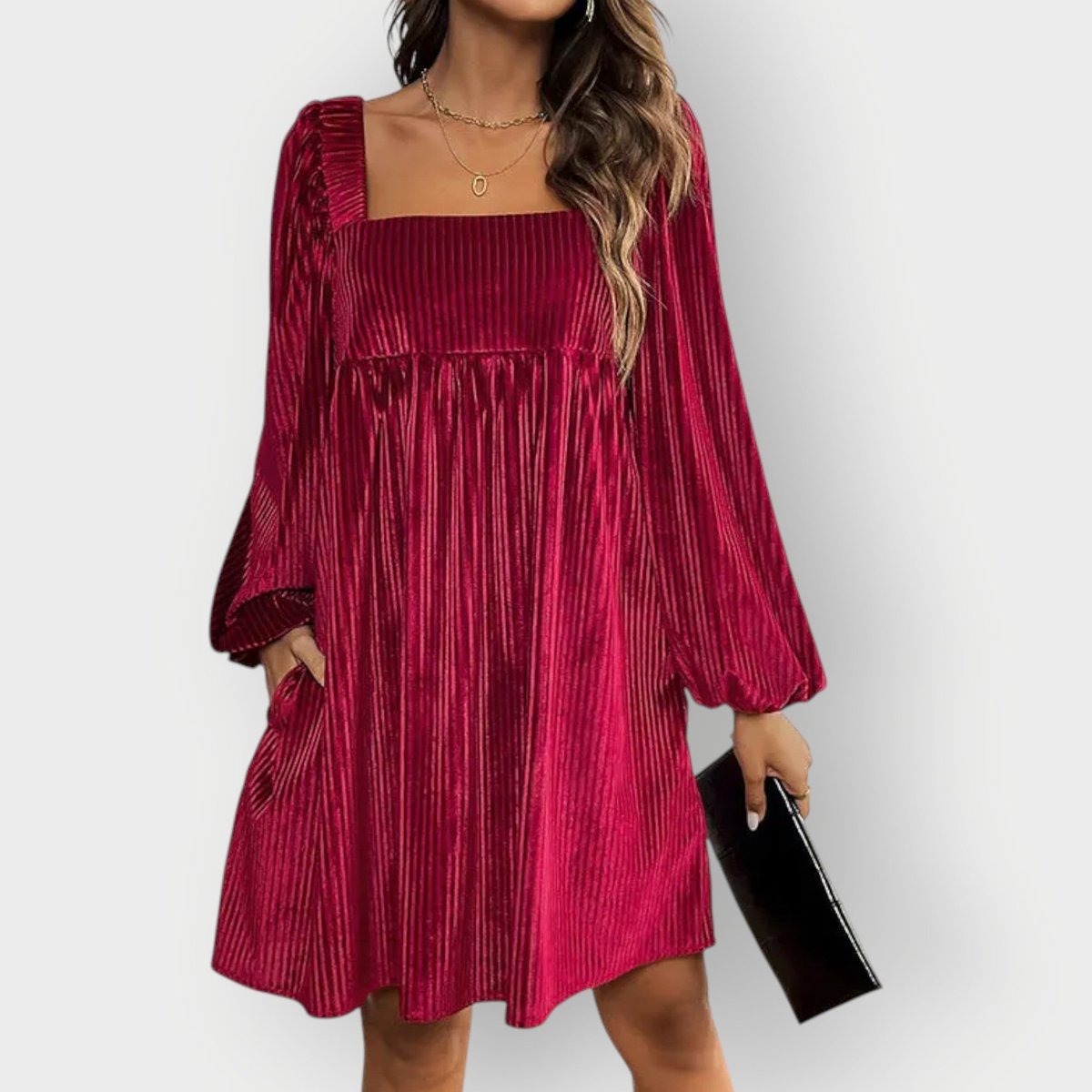 Women's Pleated Velvet Square-Neck Babydoll Formal Dress