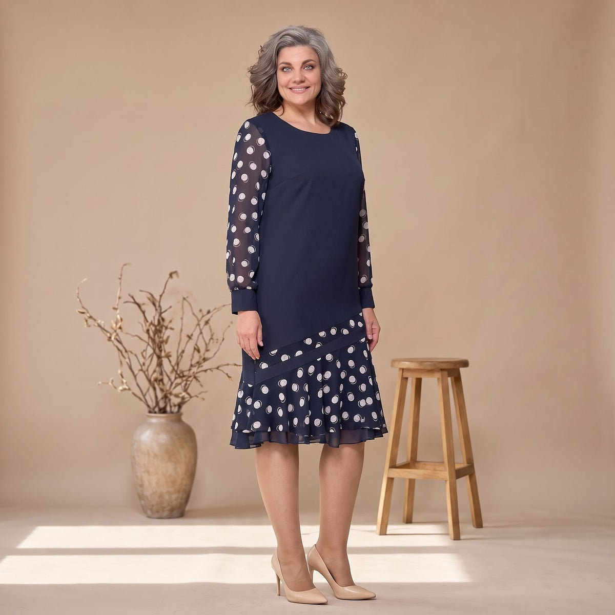 Women's Plus Size Elegant Chiffon Polka Dot Cocktail Party Dress