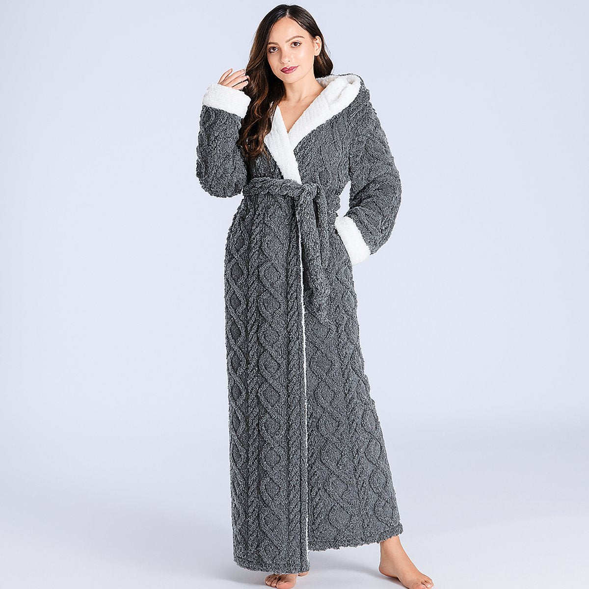 Womens Plush Fleece Ankle-Length Loungewear Bathrobe - Grey