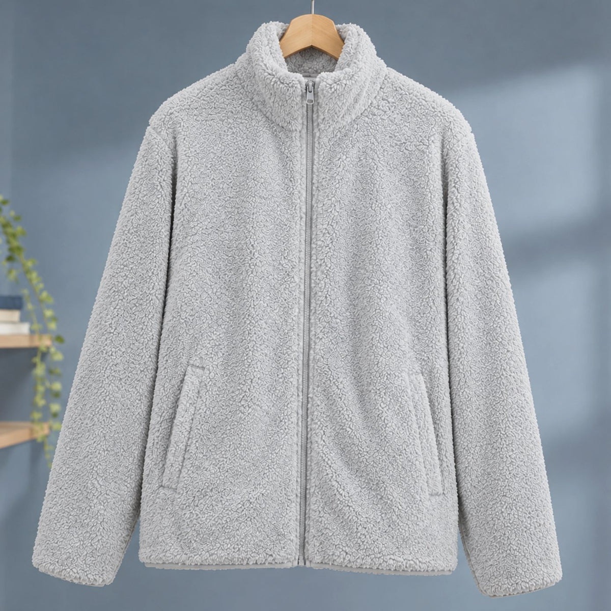 Women's Plush Fleece Full-Zip Stand-Collar Jacket - Light Grey