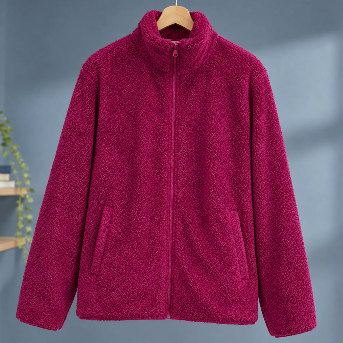 Women's Plush Fleece Full-Zip Stand-Collar Jacket - Red