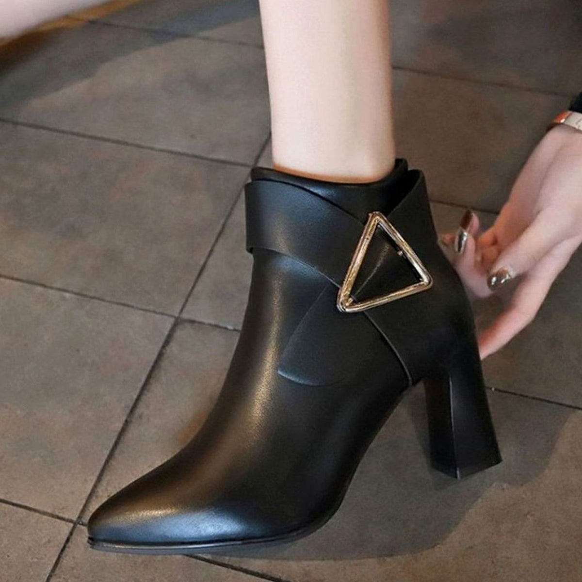 Women's Pointed-Toe Block Heel Ankle Boots Buckle Detail