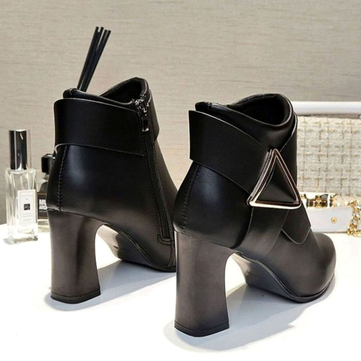 Women's Pointed-Toe Block Heel Ankle Boots Buckle Detail