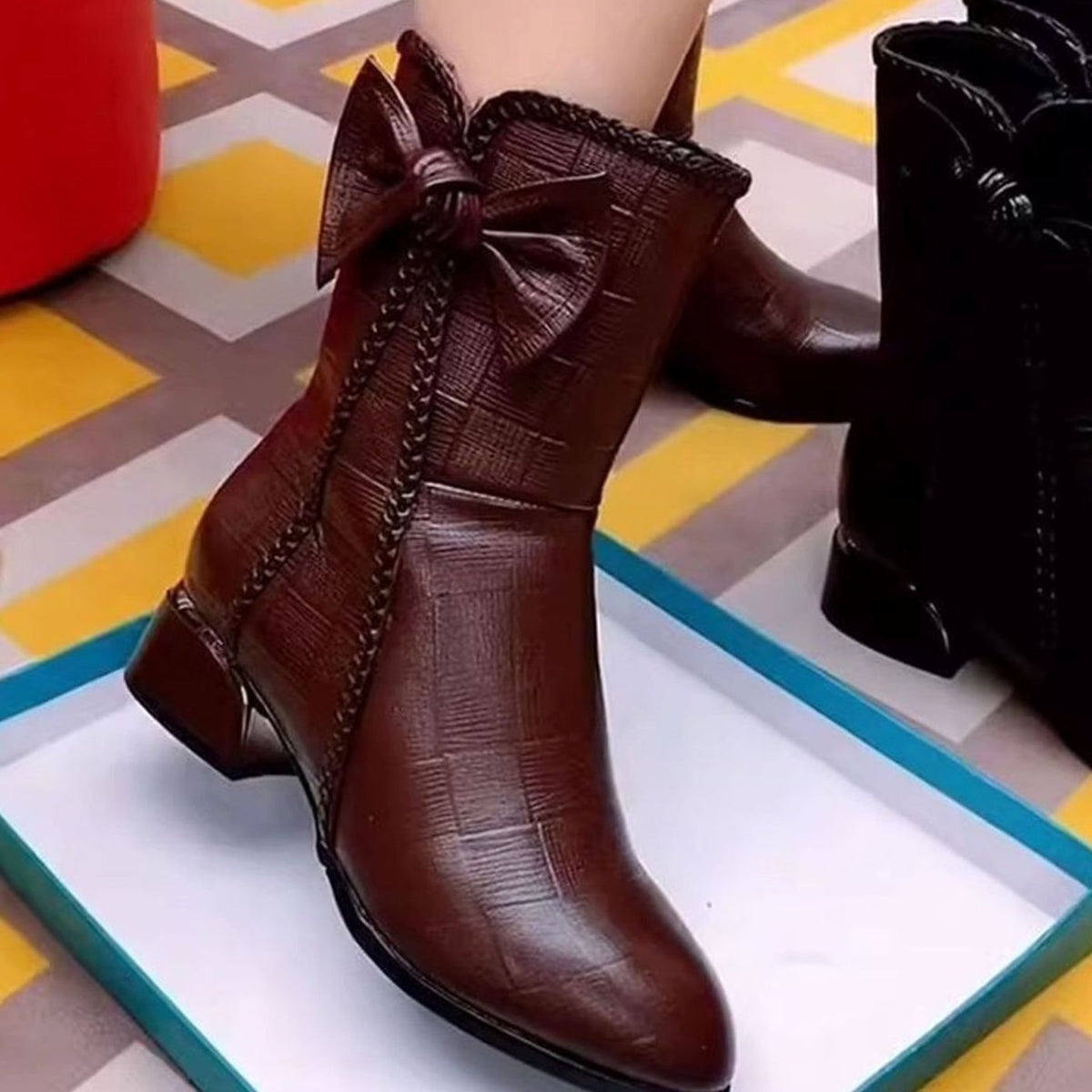 Women's Pointed-Toe Block-Heel Bow-Detail Ankle Boots - Brown