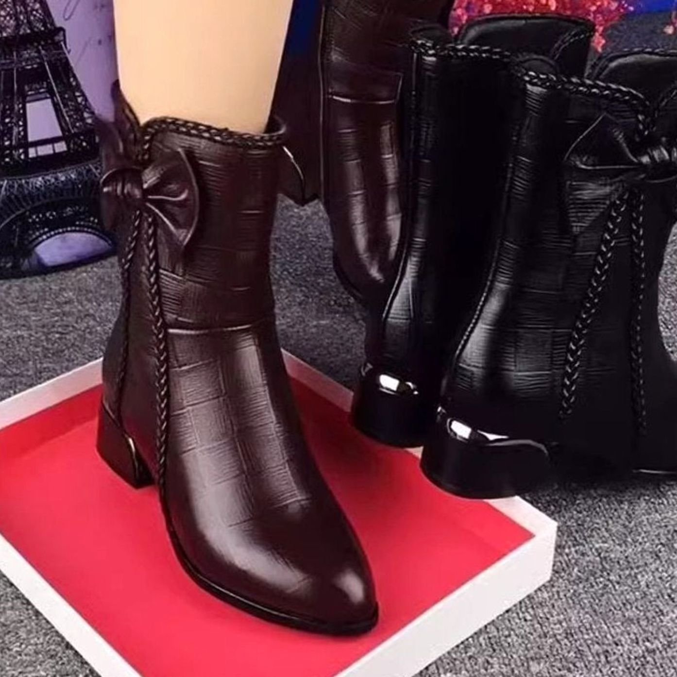 Women's Pointed-Toe Block-Heel Bow-Detail Ankle Boots