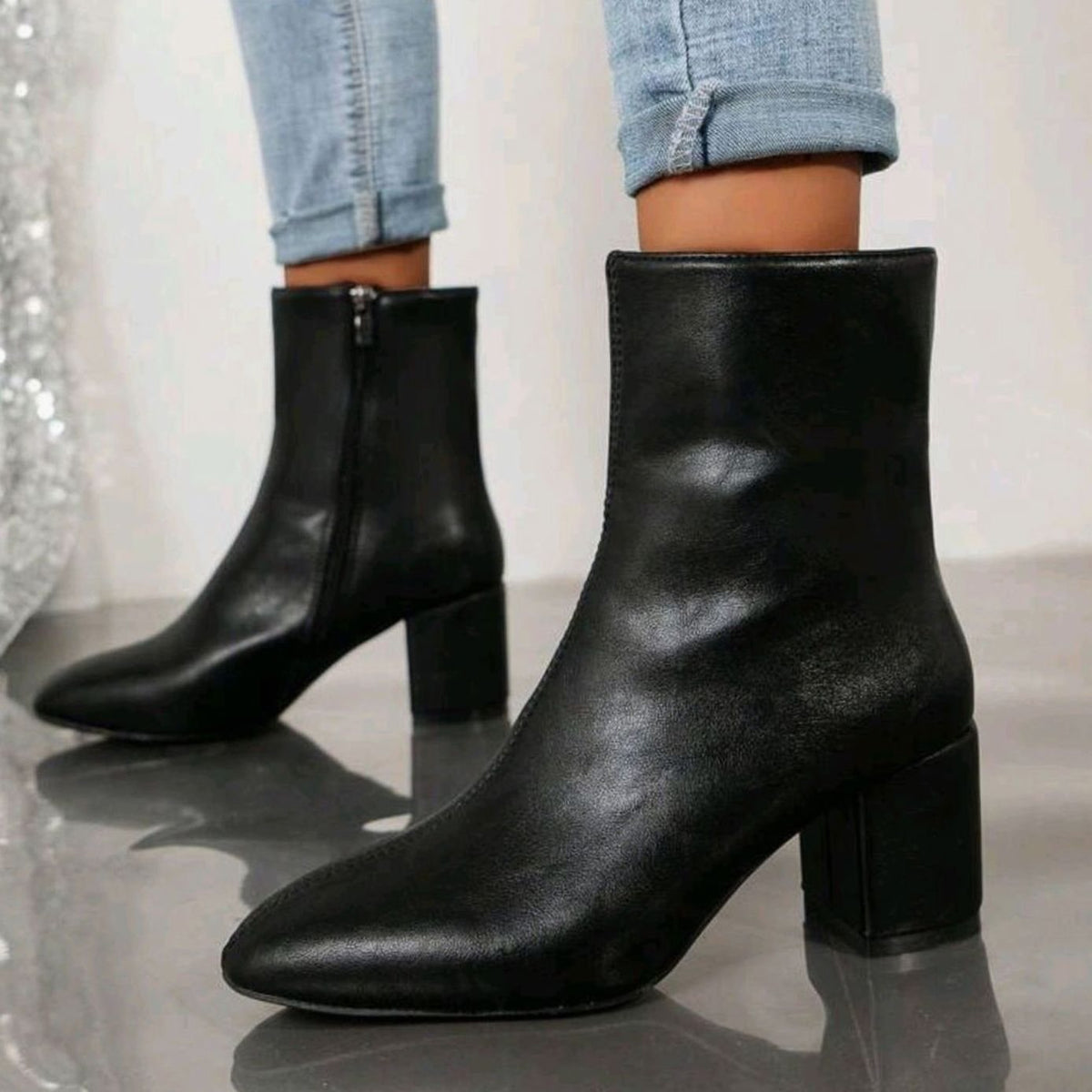 Women's Pointed-Toe Block-Heel Faux Leather Ankle Boots - Black