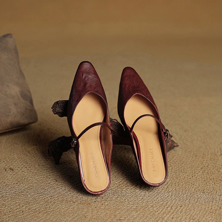 Women's Pointed-Toe Mary Jane Leather Slip-On Mule Flats