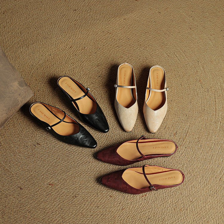 Women's Pointed-Toe Mary Jane Leather Slip-On Mule Flats