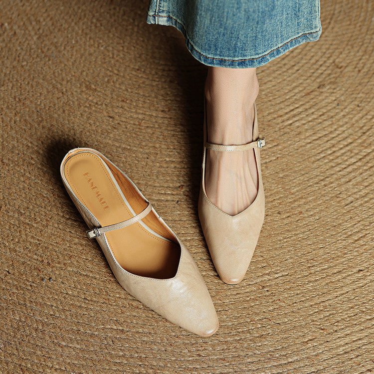Women's Pointed-Toe Mary Jane Leather Slip-On Mule Flats