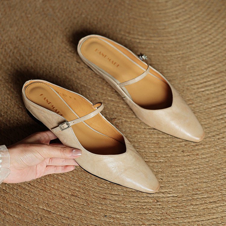 Women's Pointed-Toe Mary Jane Leather Slip-On Mule Flats