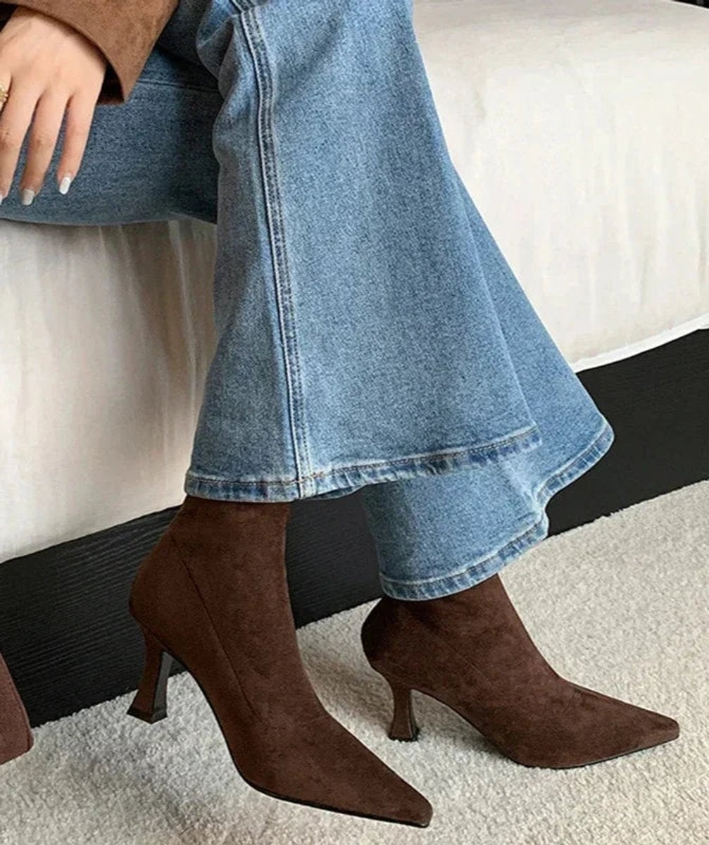 Women's Pointed Toe Suede Sock Womens Ankle Boots Kitten Heel - Brown