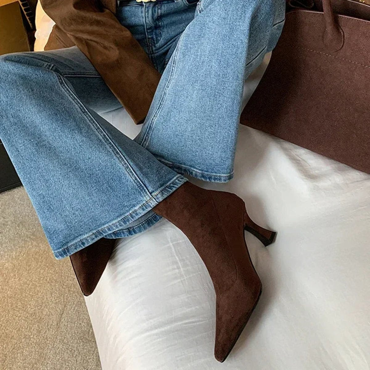 Women's Pointed Toe Suede Sock Womens Ankle Boots Kitten Heel