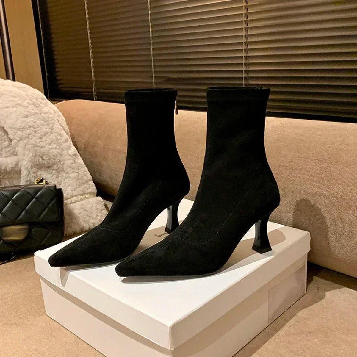 Women's Pointed Toe Suede Sock Womens Ankle Boots Kitten Heel