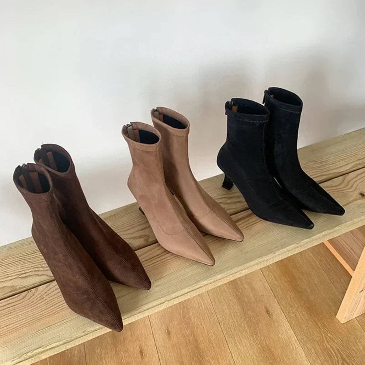 Women's Pointed Toe Suede Sock Womens Ankle Boots Kitten Heel