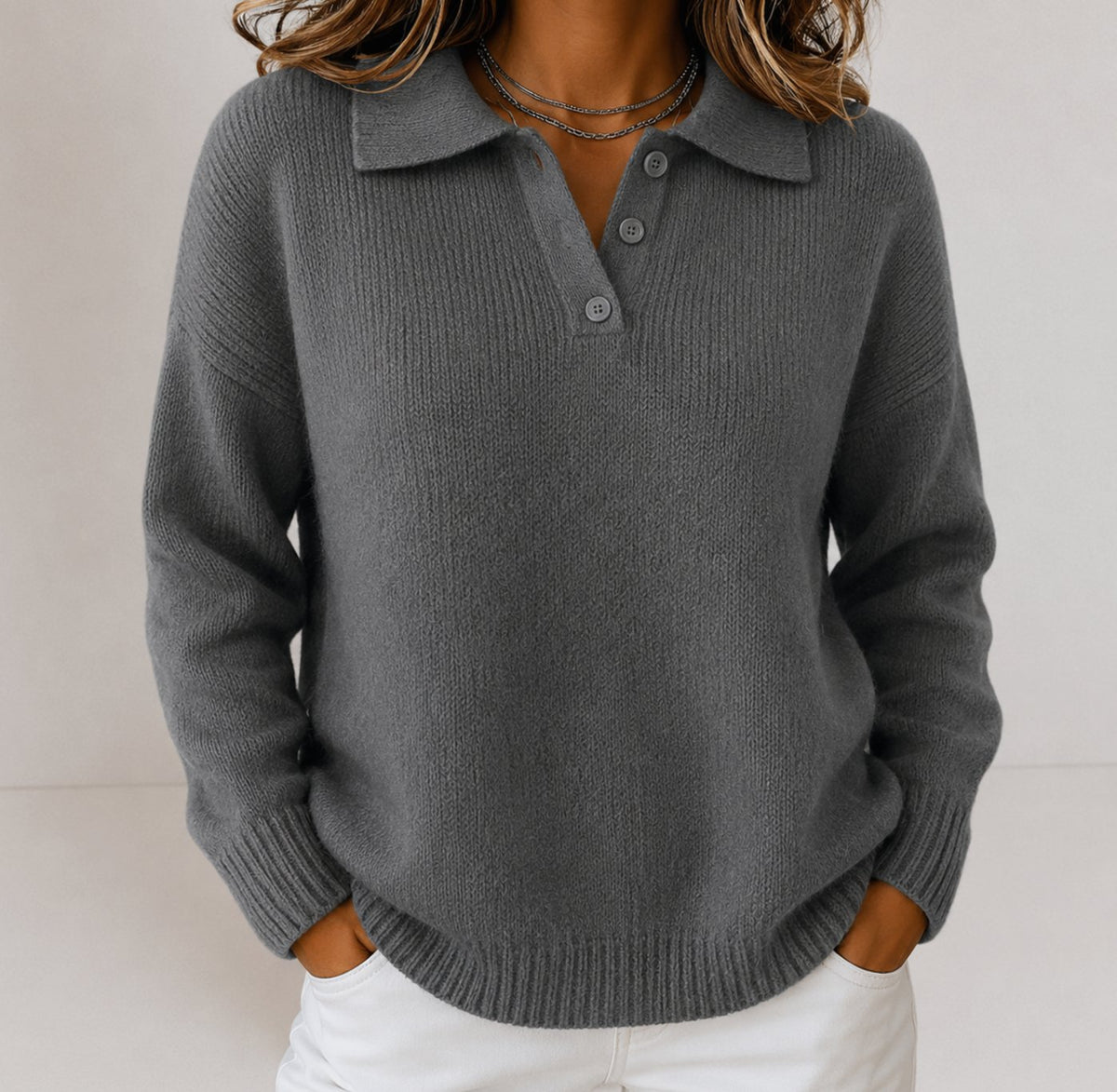 Women's Polo Collar Button Placket Knit Jumper - Grey