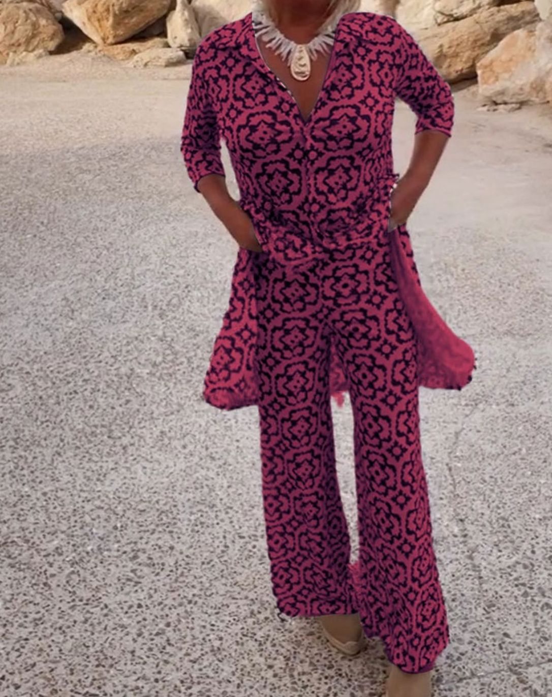 Women's Printed Blouse Straight-Leg Trouser Two-Piece Set