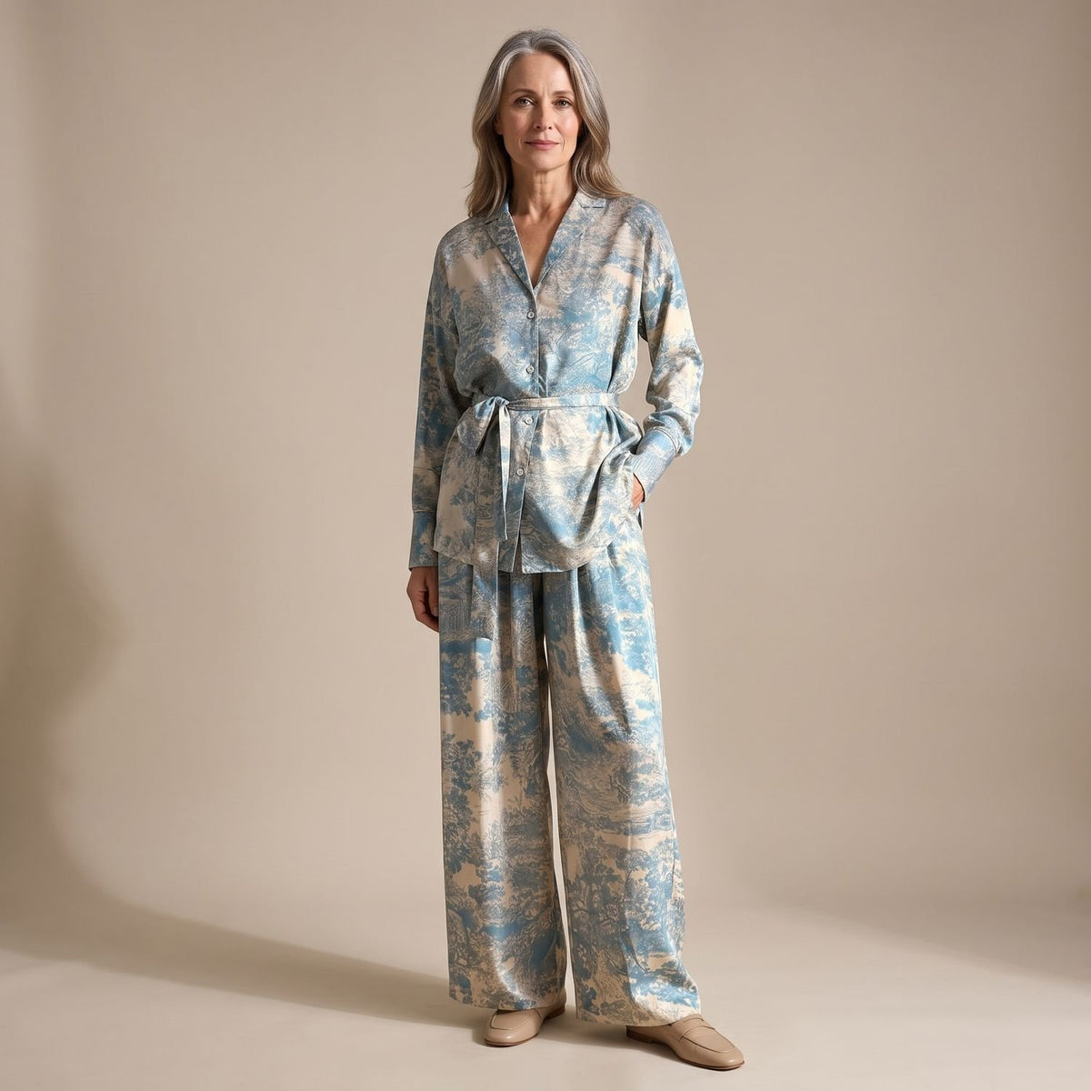 Women's Printed Wide-Leg Lapel Shirt Coord Set
