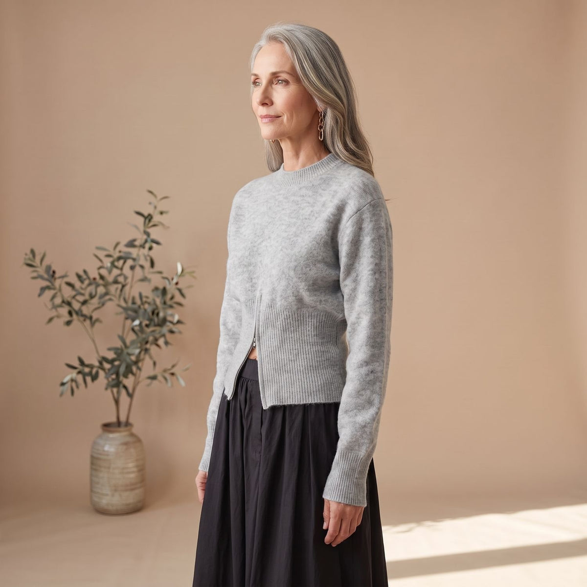 Women's Quarter Zip Jumper Fitted-Waist Flared-Sleeve Knit Jumper