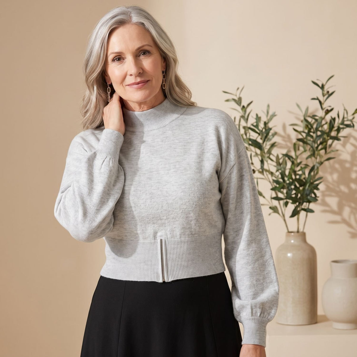 Women's Quarter Zip Jumper Fitted-Waist Flared-Sleeve Knit Jumper