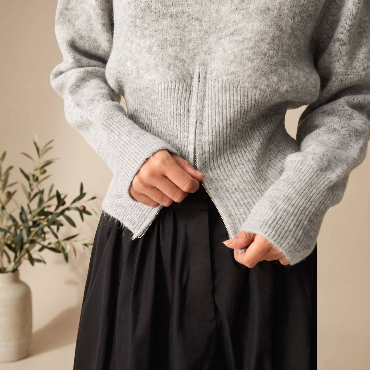Women's Quarter Zip Jumper Fitted-Waist Flared-Sleeve Knit Jumper
