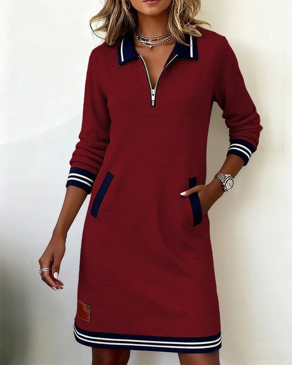 Women's Quarter-Zip Polo Long Sleeve Dress Striped Trim Pockets