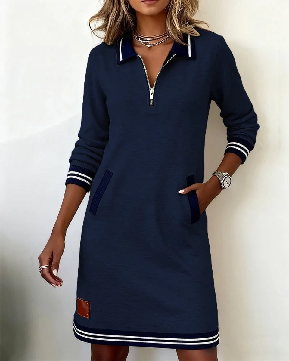 Women's Quarter-Zip Polo Long Sleeve Dress Striped Trim Pockets