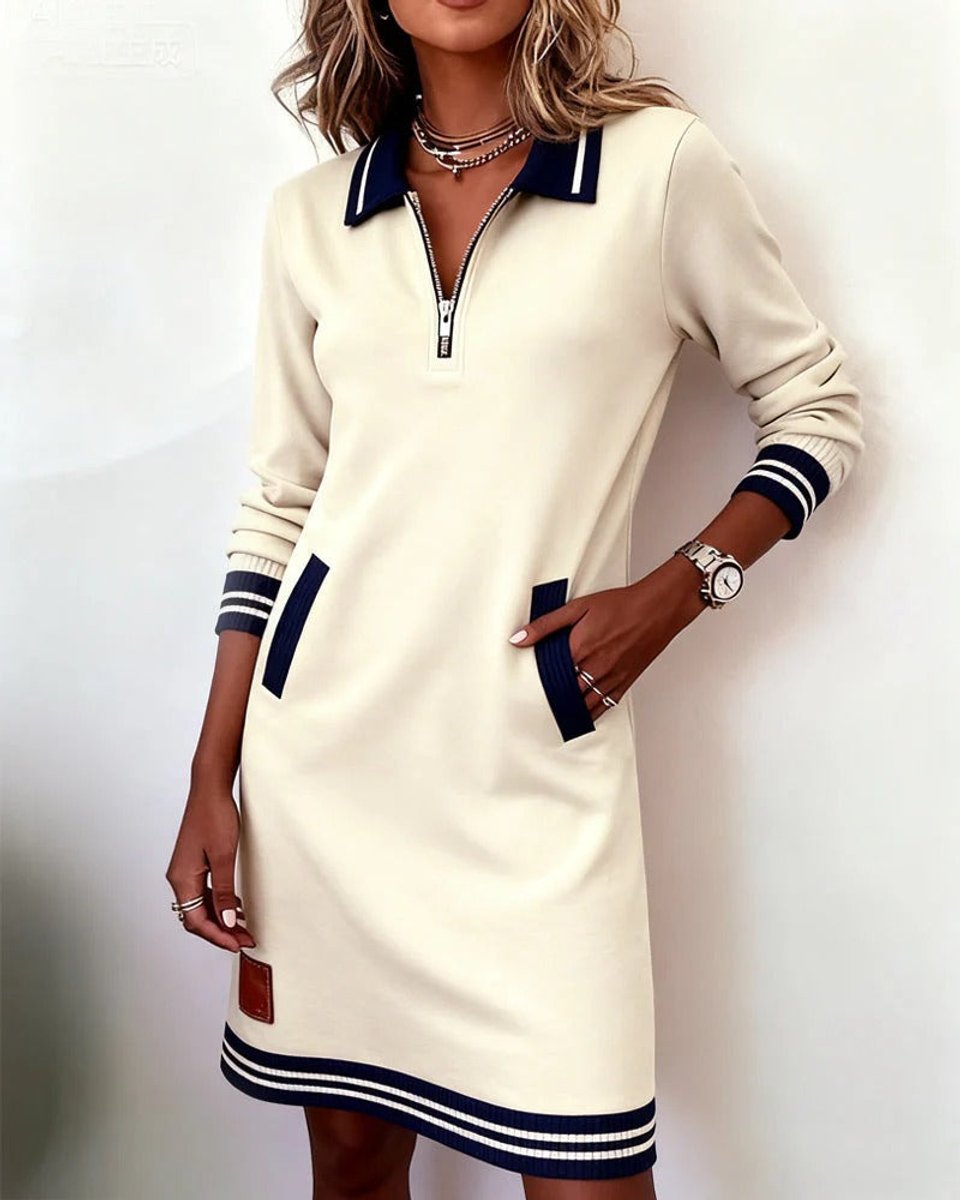 Women's Quarter-Zip Polo Long Sleeve Dress Striped Trim Pockets - White