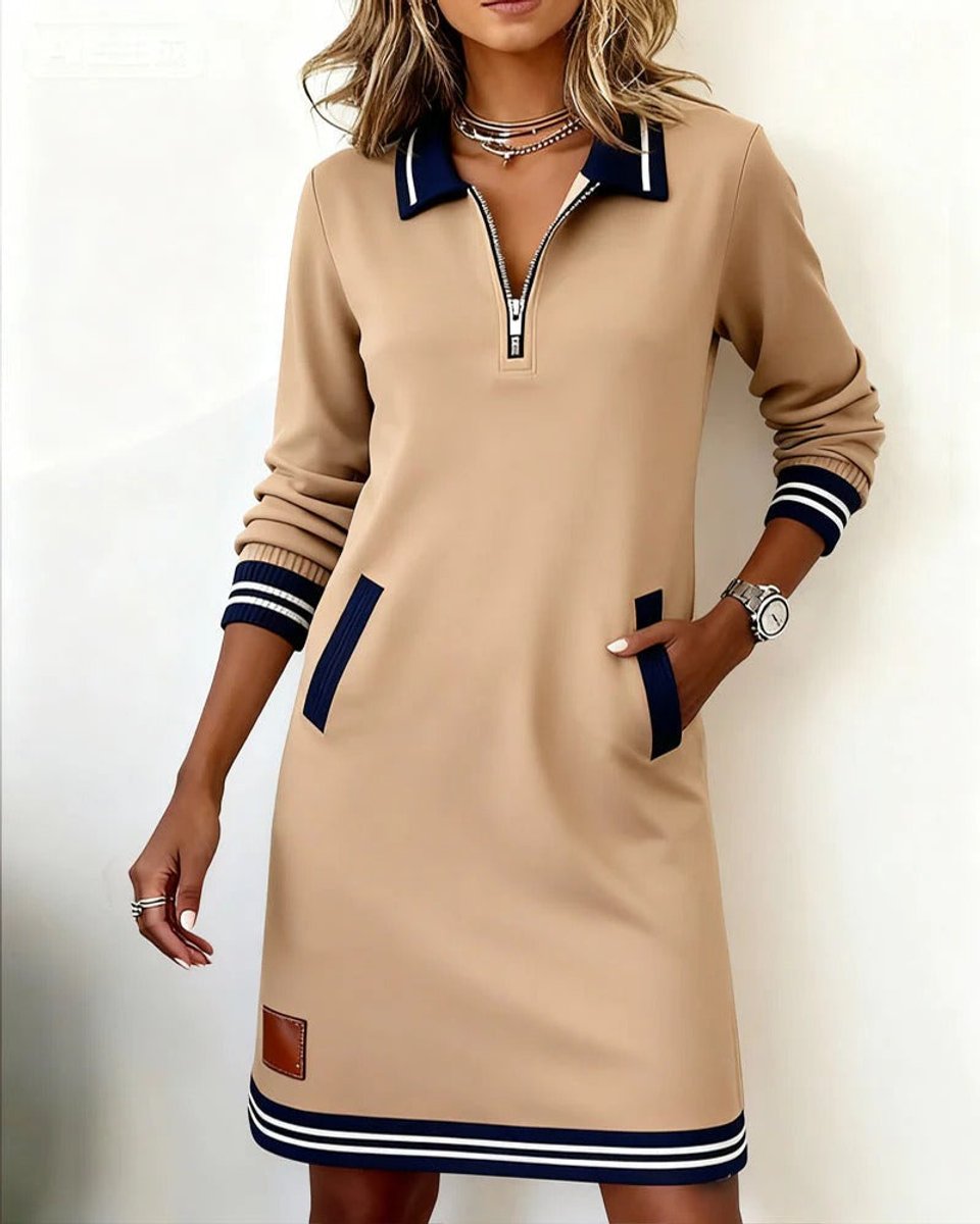 Women's Quarter-Zip Polo Long Sleeve Dress Striped Trim Pockets