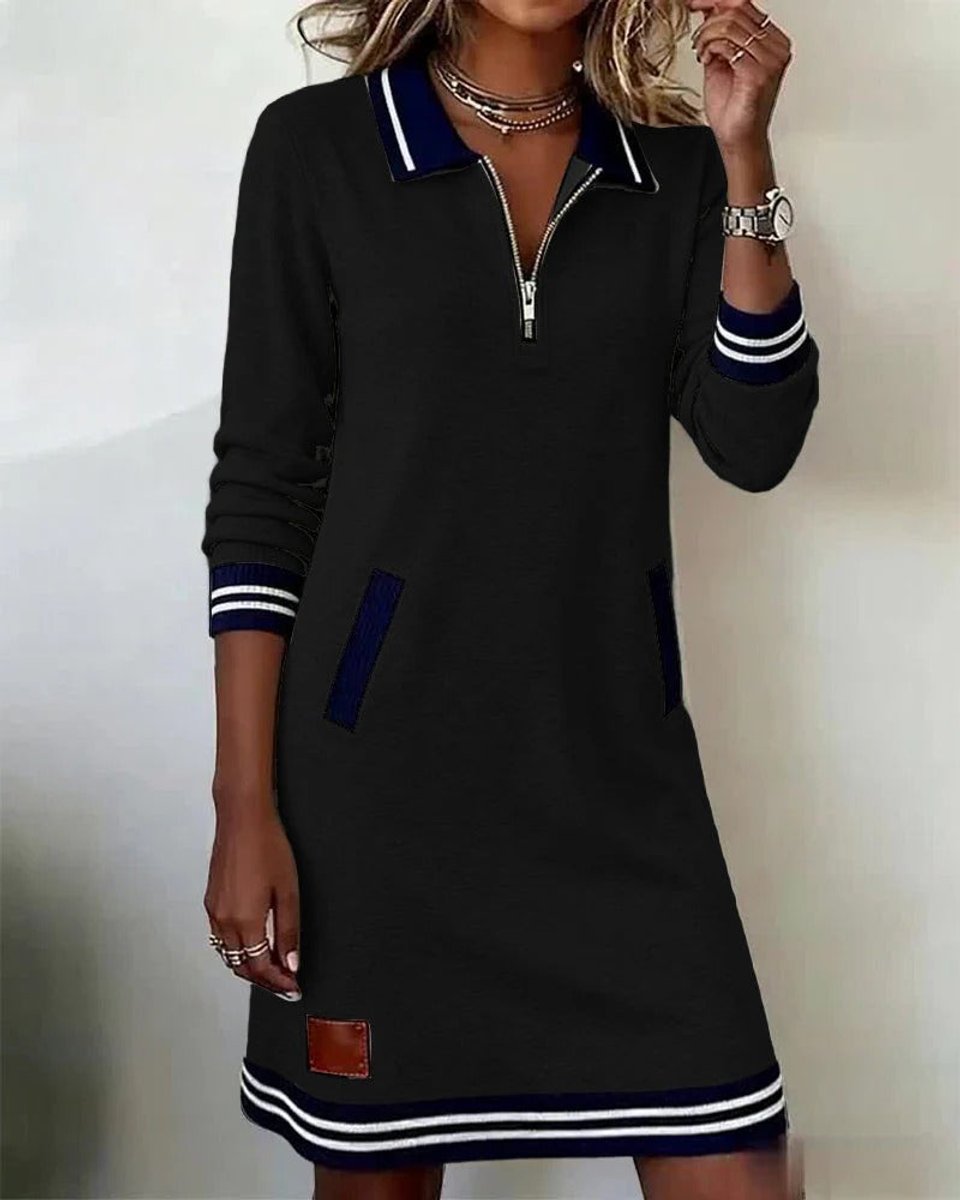 Women's Quarter-Zip Polo Long Sleeve Dress Striped Trim Pockets