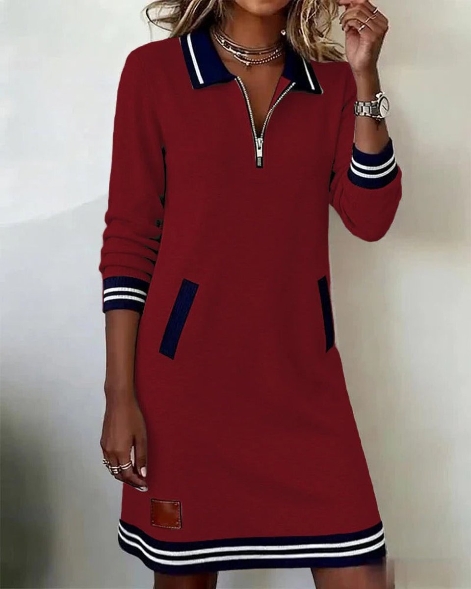 Women's Quarter-Zip Polo Long Sleeve Dress Striped Trim Pockets