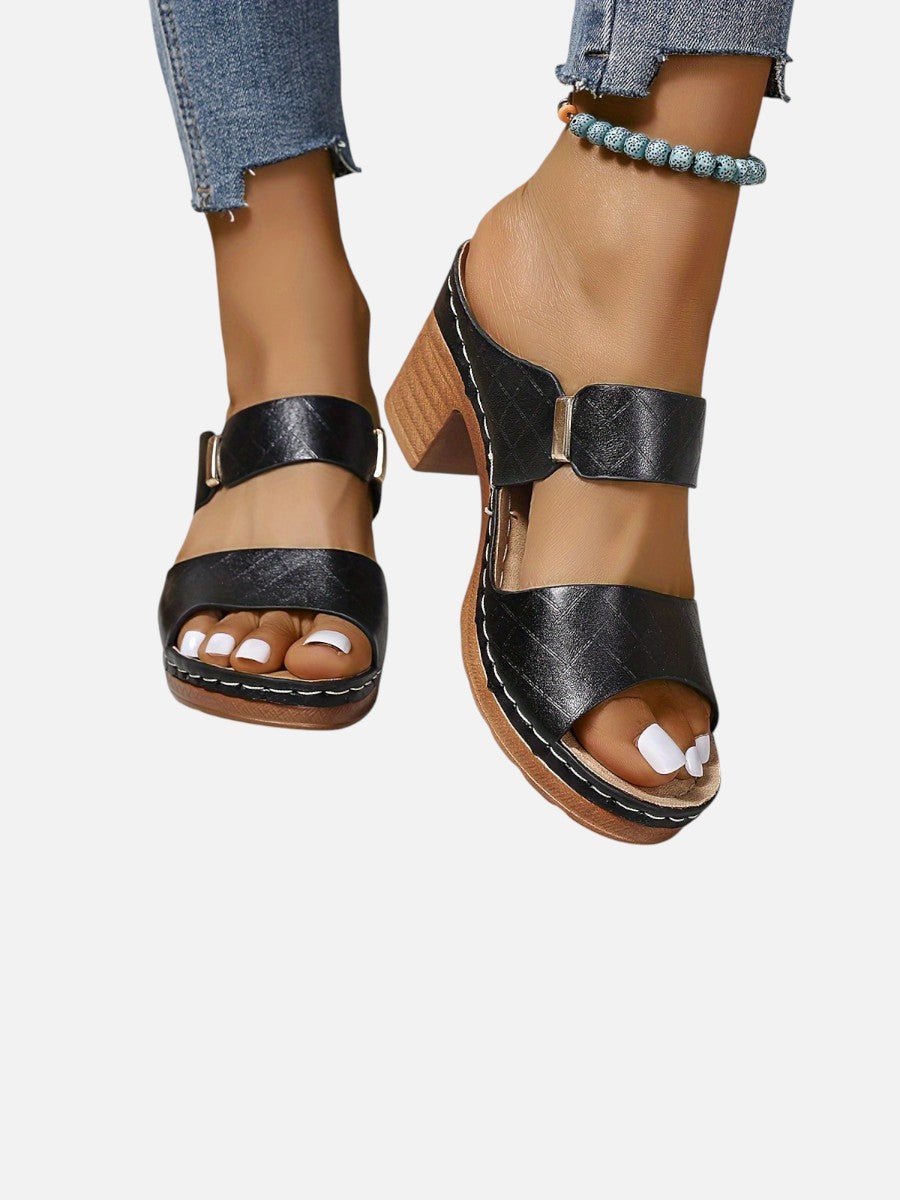 Women's Quilted Faux Leather Block Heel Mule Sandals