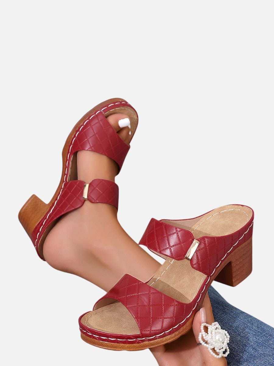 Women's Quilted Faux Leather Block Heel Mule Sandals - Wine Red