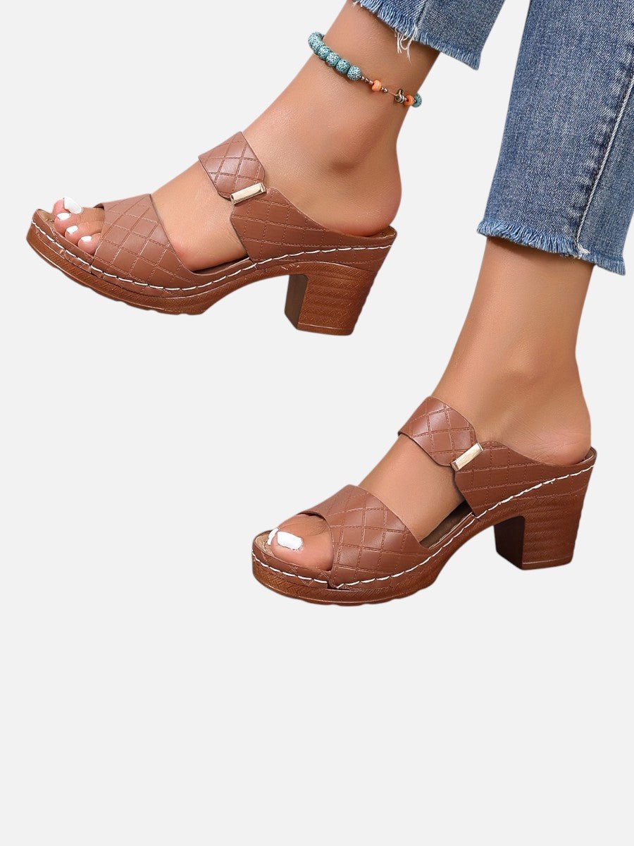 Women's Quilted Faux Leather Block Heel Mule Sandals - Brown