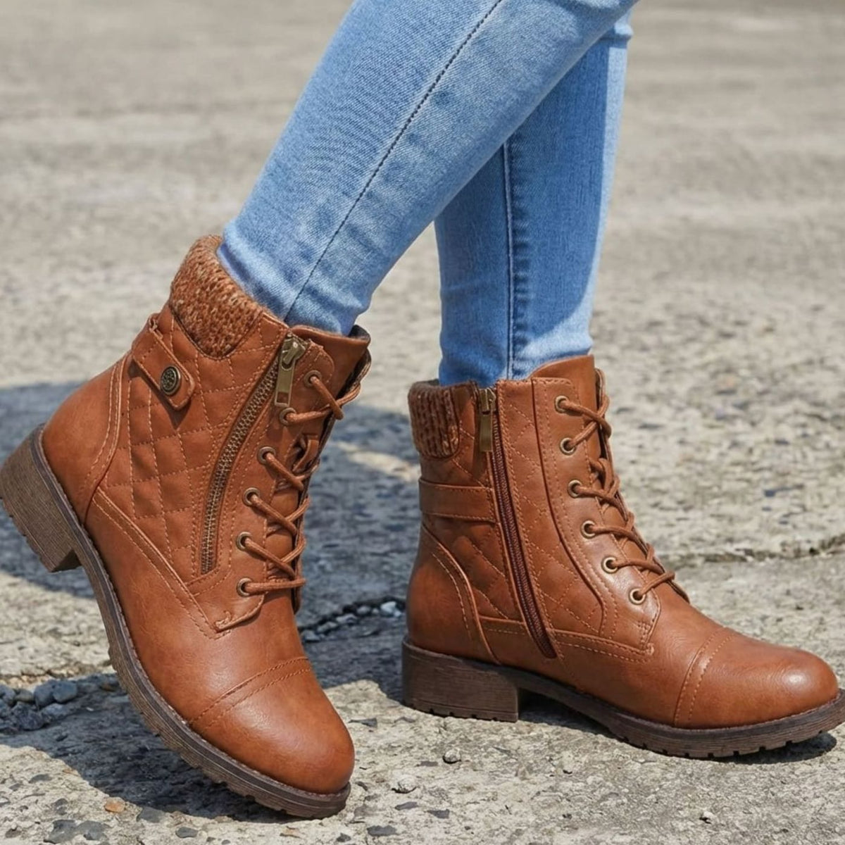 Women's Quilted Faux-Leather Lace-Up Ankle Boots - Brown