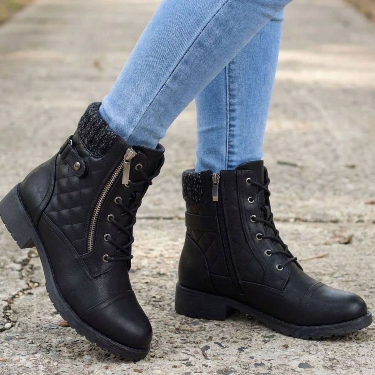 Women's Quilted Faux-Leather Lace-Up Ankle Boots - Black