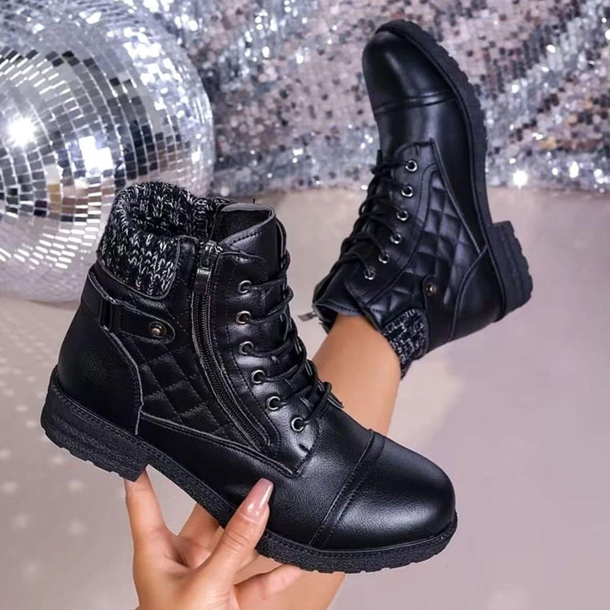 Women's Quilted Faux-Leather Lace-Up Ankle Boots