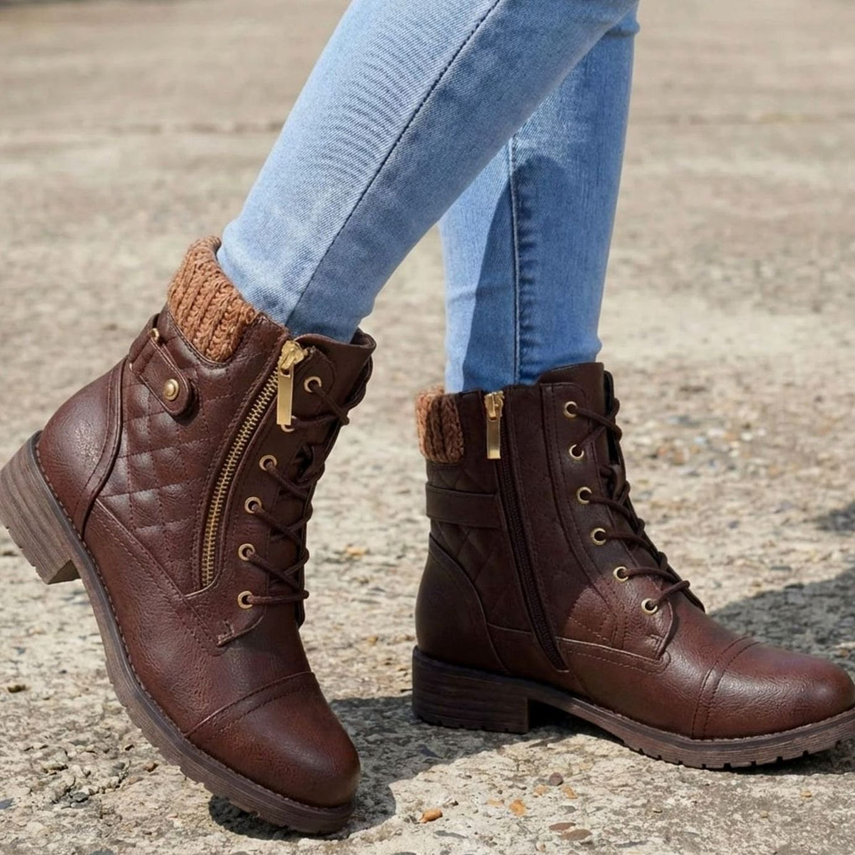 Women's Quilted Faux-Leather Lace-Up Ankle Boots - Dark Brown