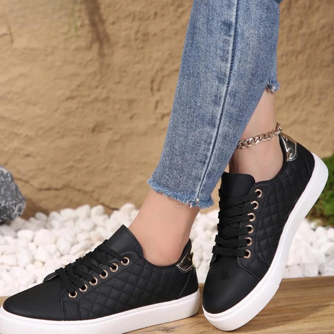 Women's Quilted Lace-Up Orthopaedic Shoes Gold-Detail Trainers - Black